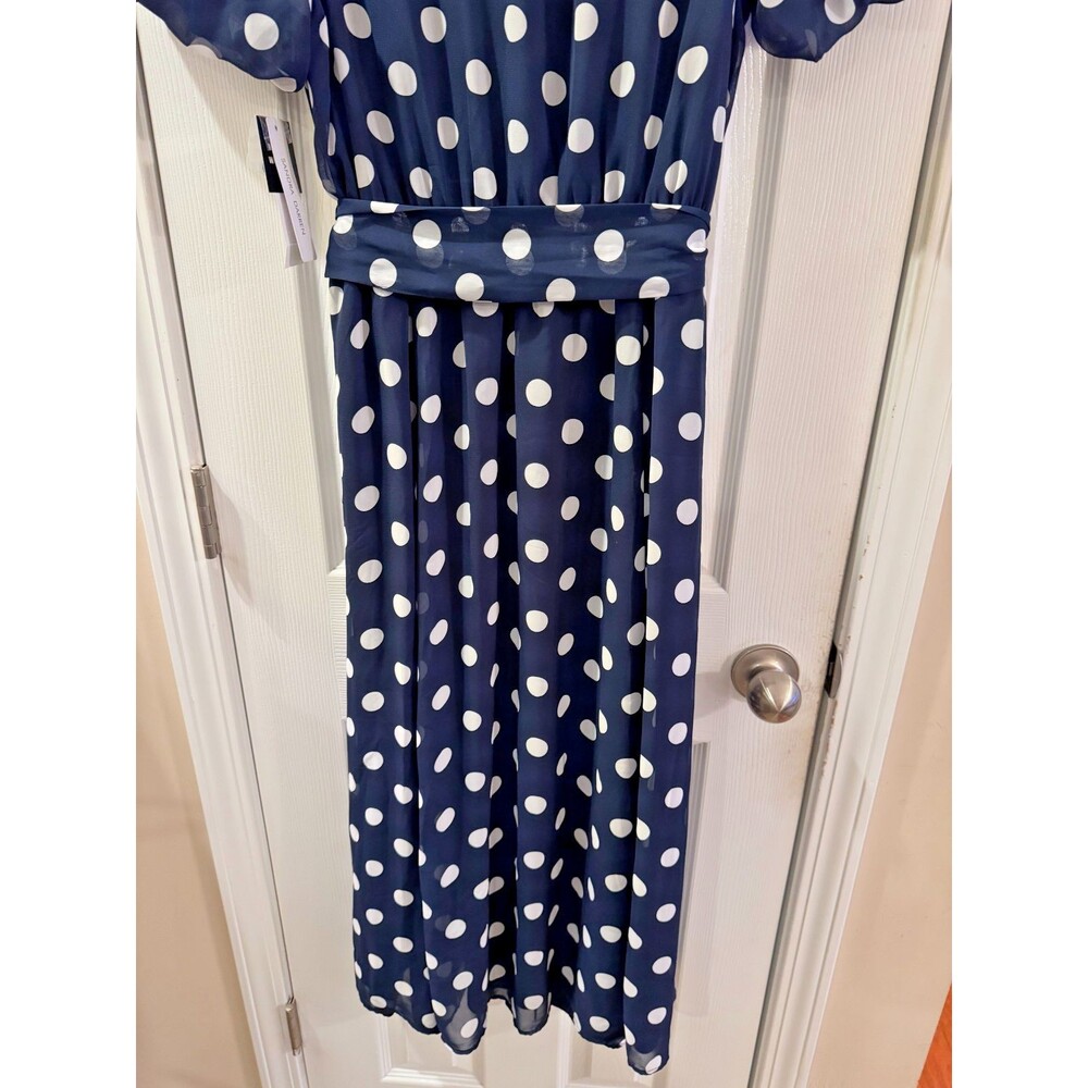 Sandra Darren Polka Dot Shirt Dress Navy Blue Midi Belted Button Front Sz L NWT - Picture 8 of 13